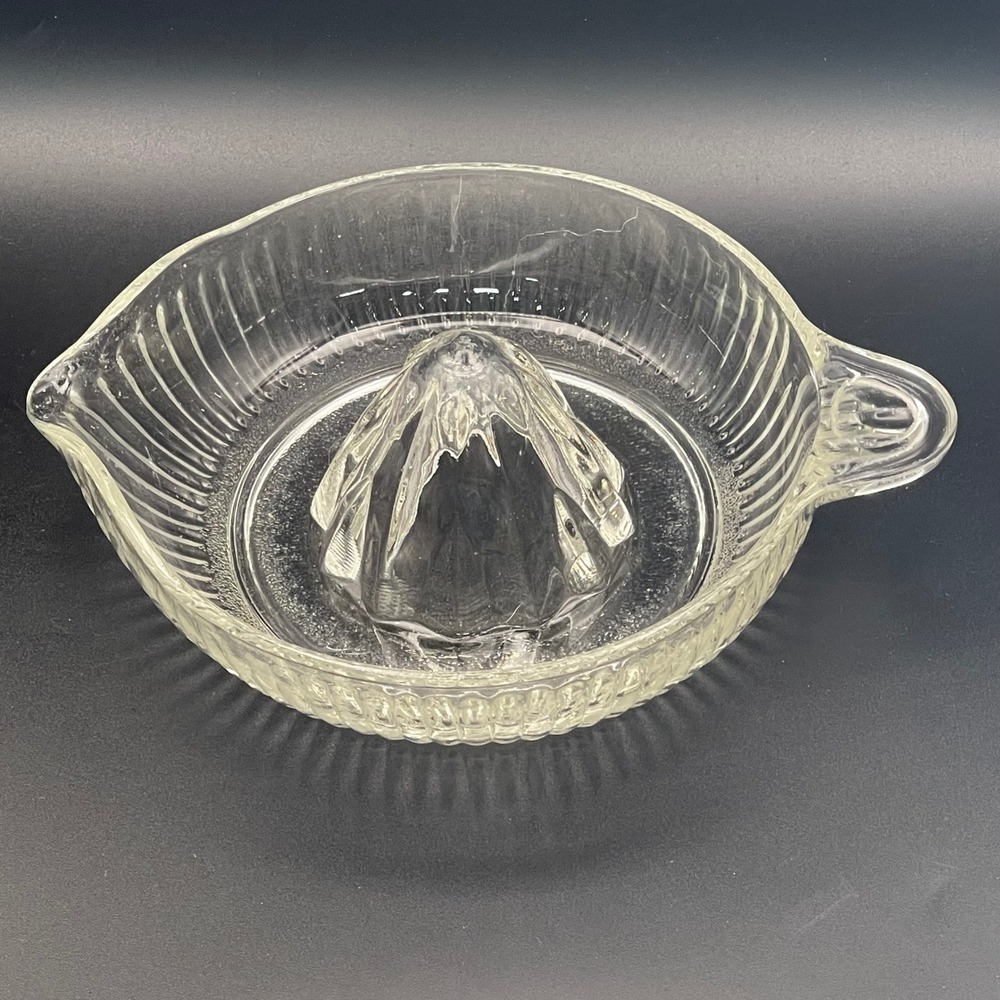 Vintage Glass Citrus Juicer Reamer Clear Ribbed Hand Press Excellent